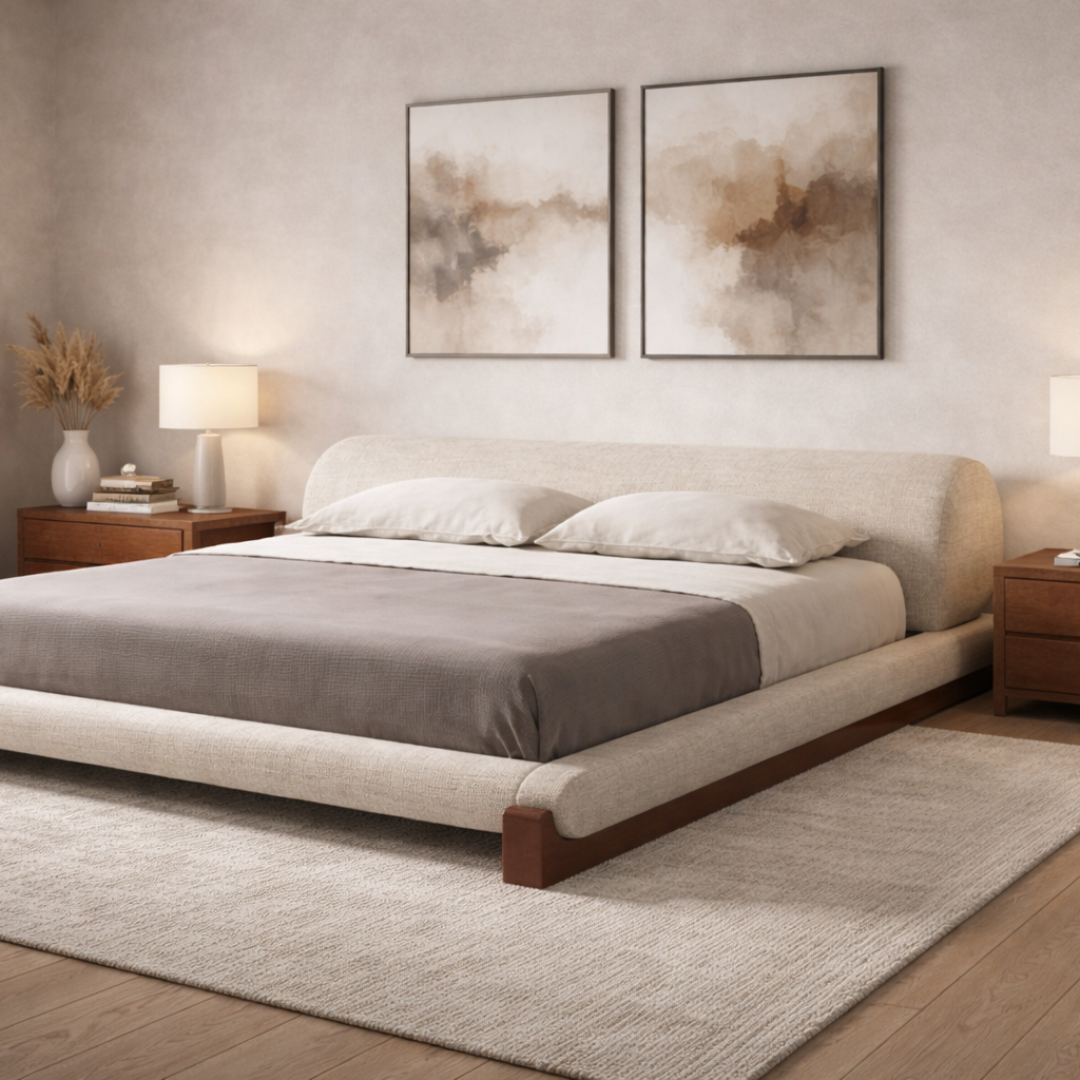 Ruby Scandinavian Upholstered King Bed with Wooden Base