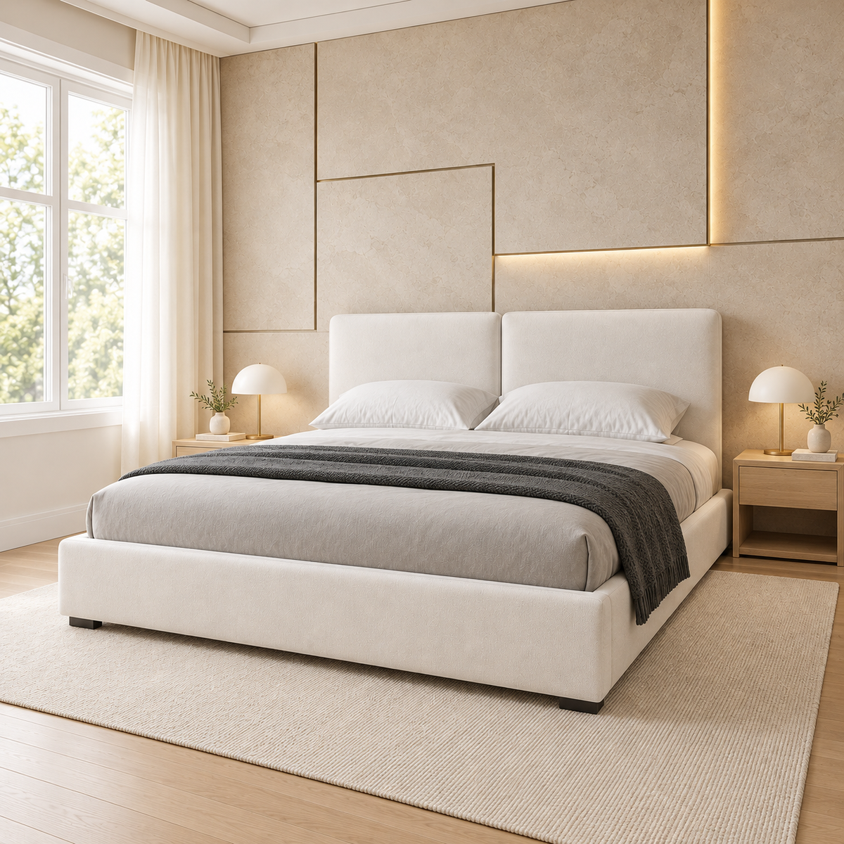 Nora Ivory Upholstered Bed with Two-Panel Headboard – Ruby