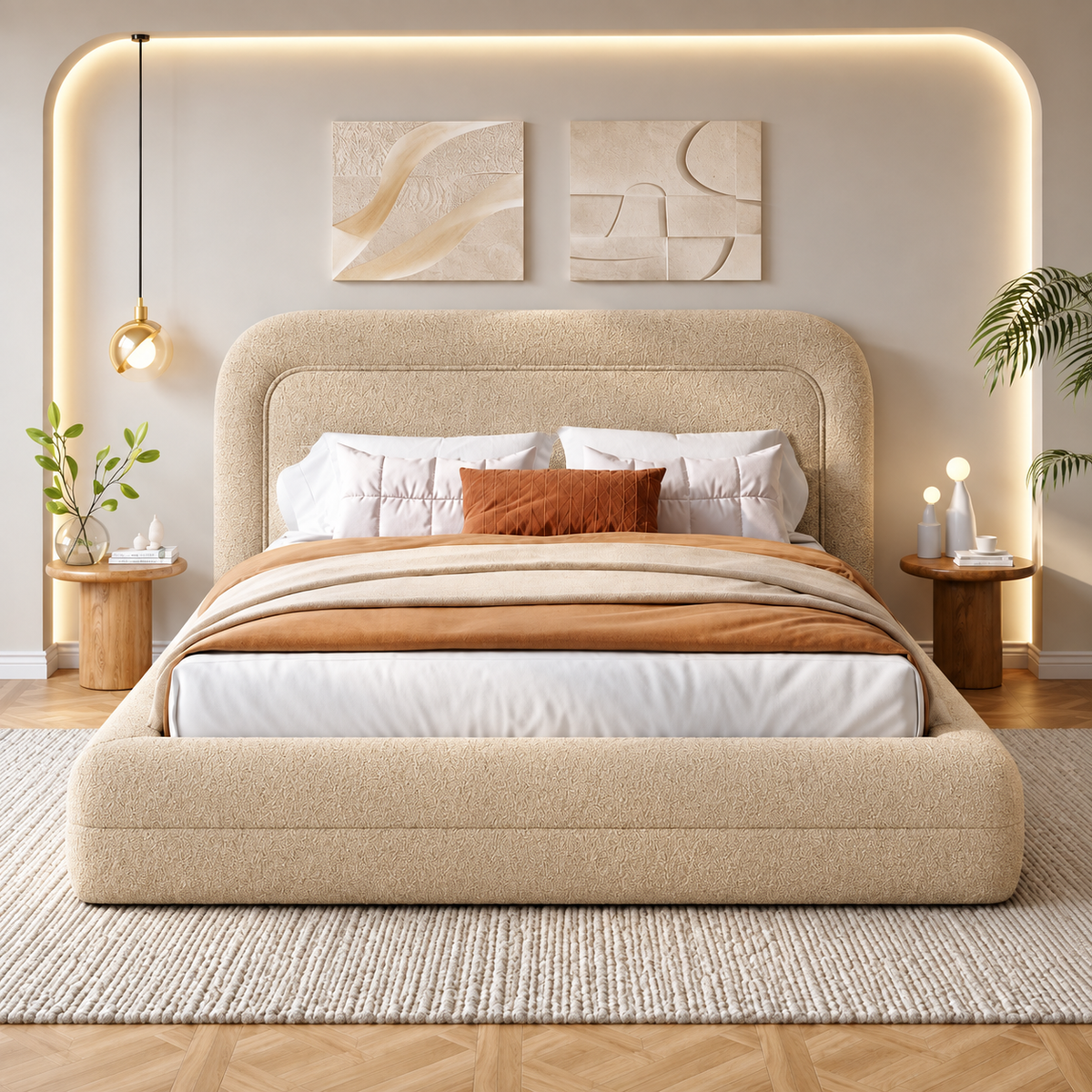 Luna Bouclé Bed – Modern Curved Upholstered Bed
