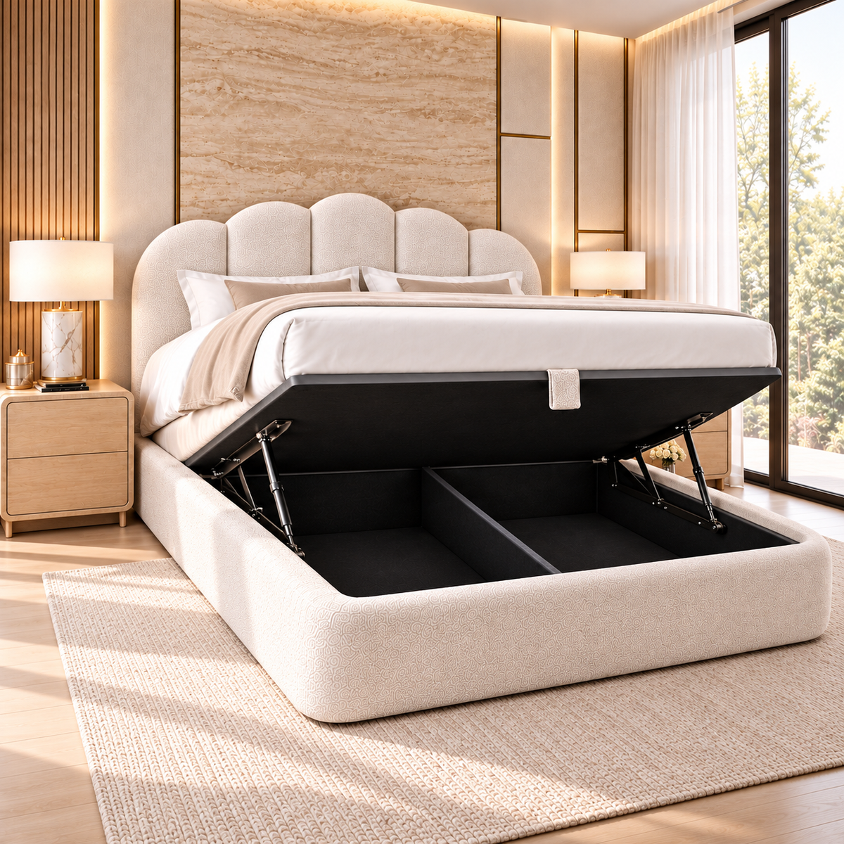 Celeste Ivory Upholstered Hydraulic Storage Bed – Ruby