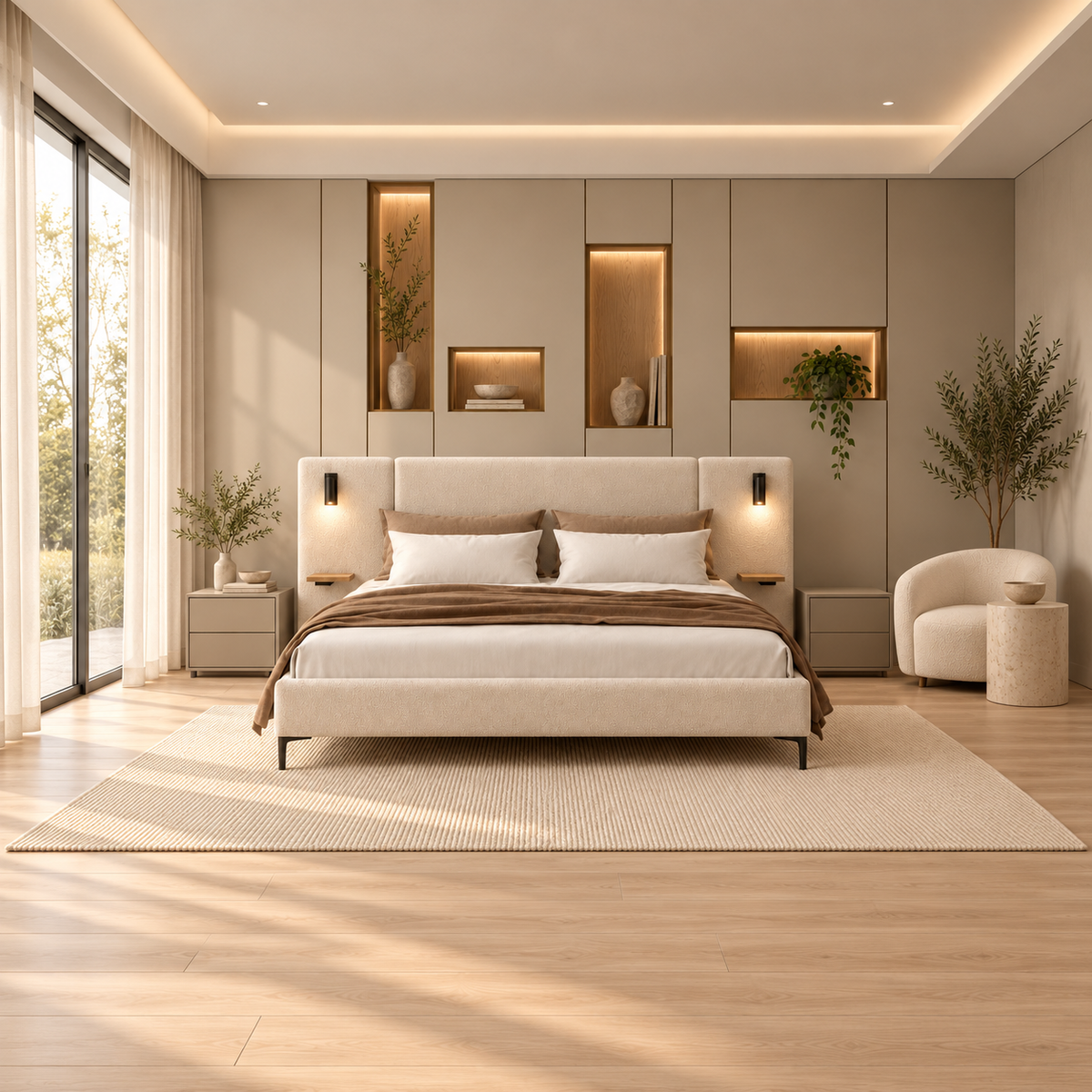 Lucera Beige Upholstered Bed with Reading Lights & Bedside Shelves – Ruby
