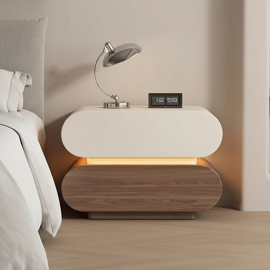 Lumora Modern Rounded Bedside Table with Ambient Light – Luxury Nightstand