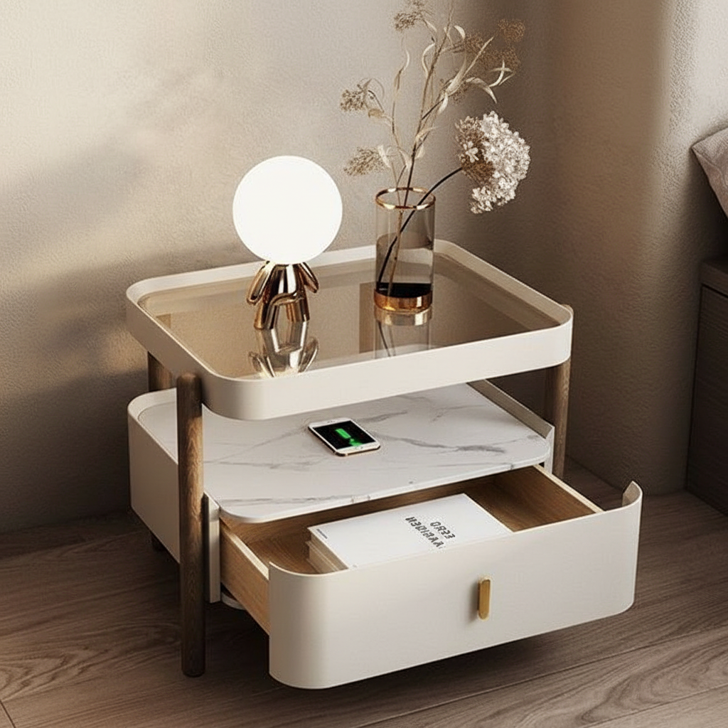 Regal Luxury Bedside Table with Marble Top & Drawer – Modern Nightstand