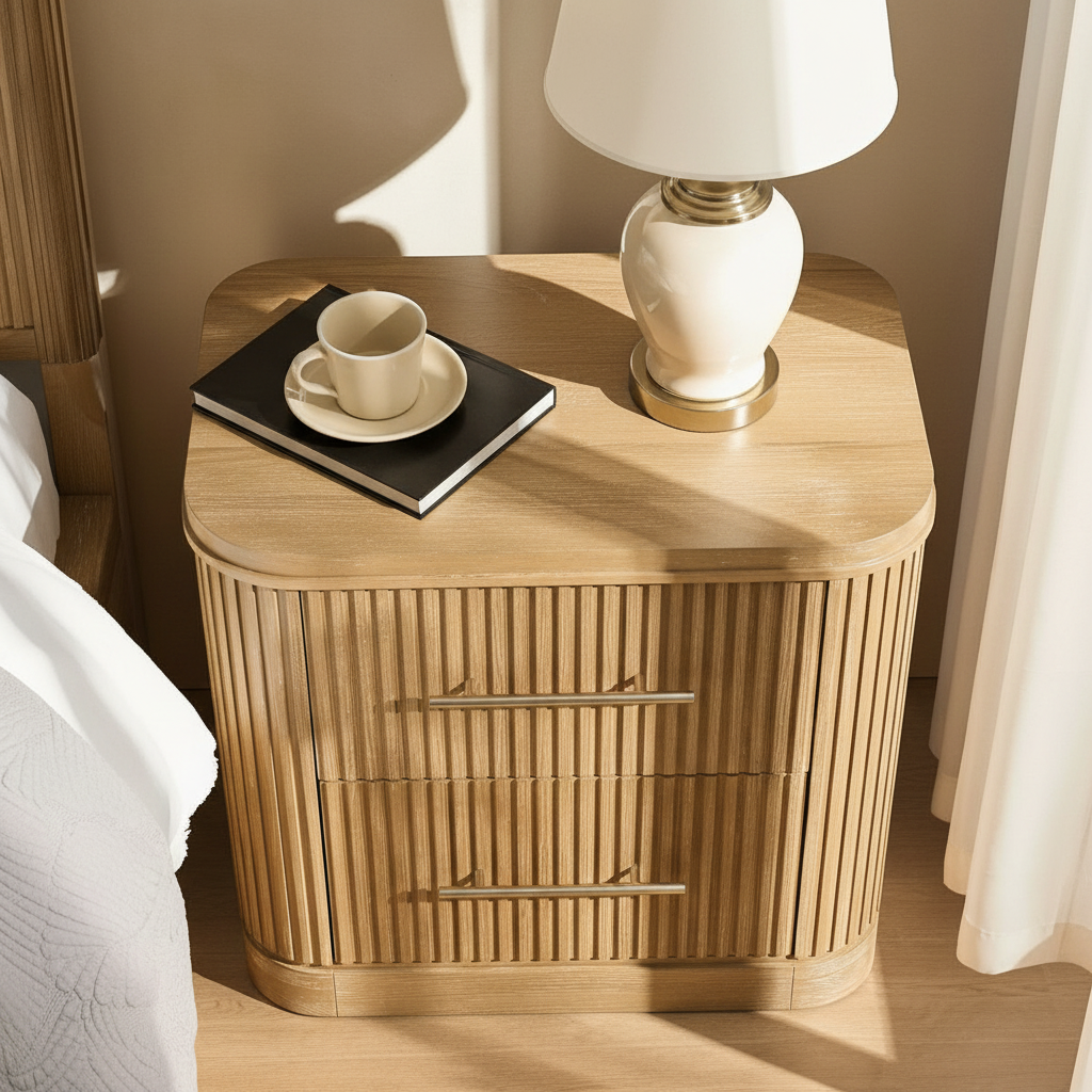 Luma Fluted Wooden Bedside Table with Two Drawers – Modern Luxury Nightstand