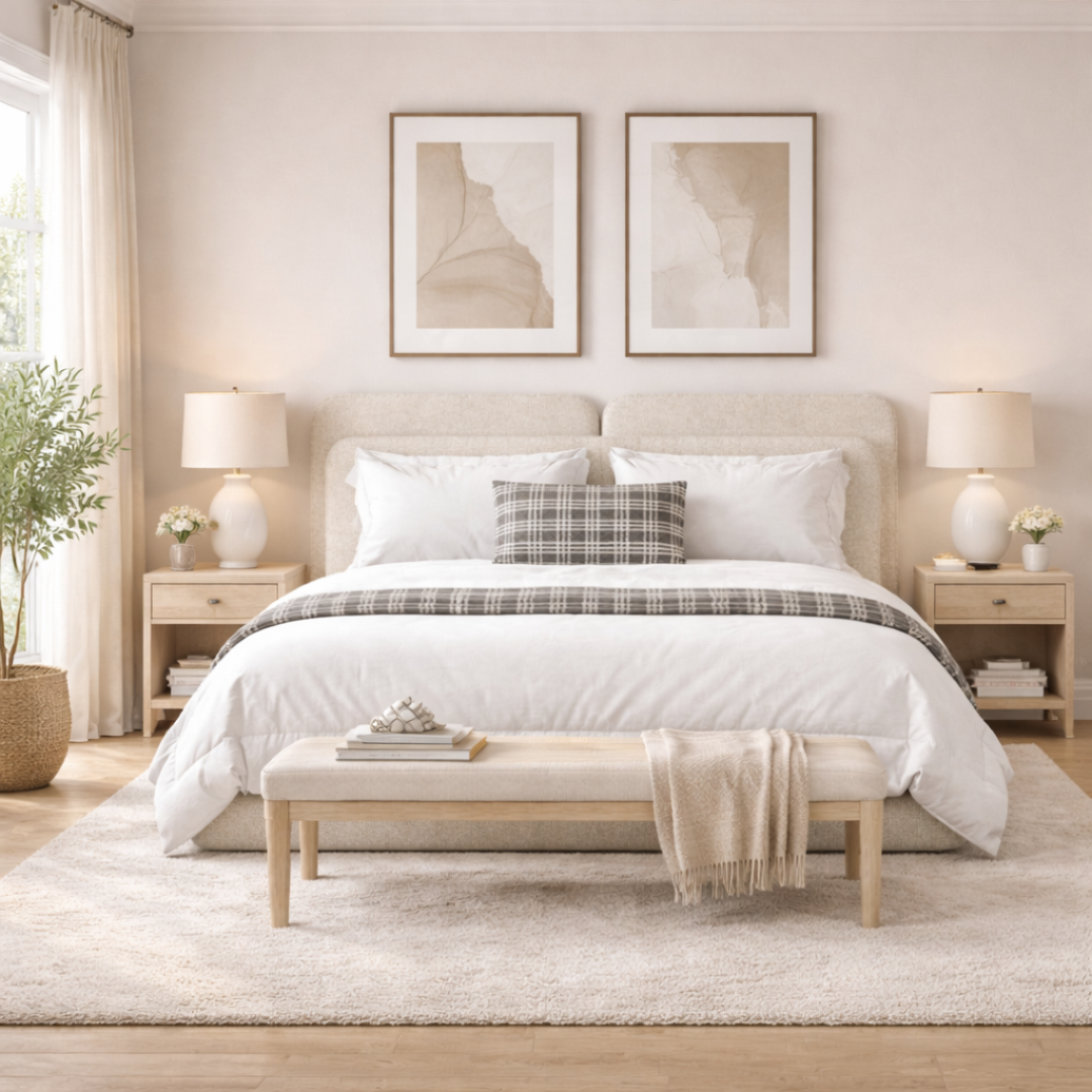 Shop Now Modern Queen Size Bed with Layered Rounded Headboard Design