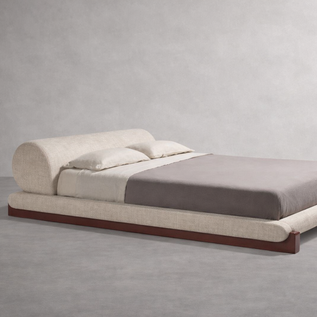 Ruby Scandinavian Upholstered King Bed with Wooden Base