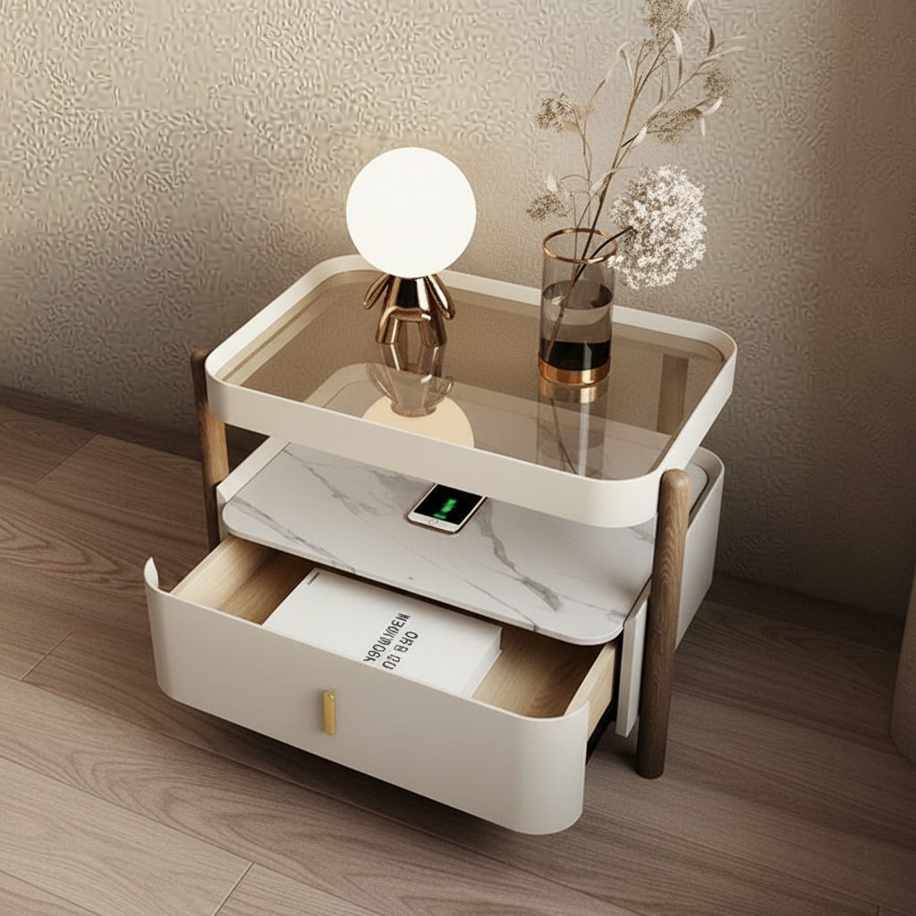 Regal Luxury Bedside Table with Marble Top & Drawer – Modern Nightstand