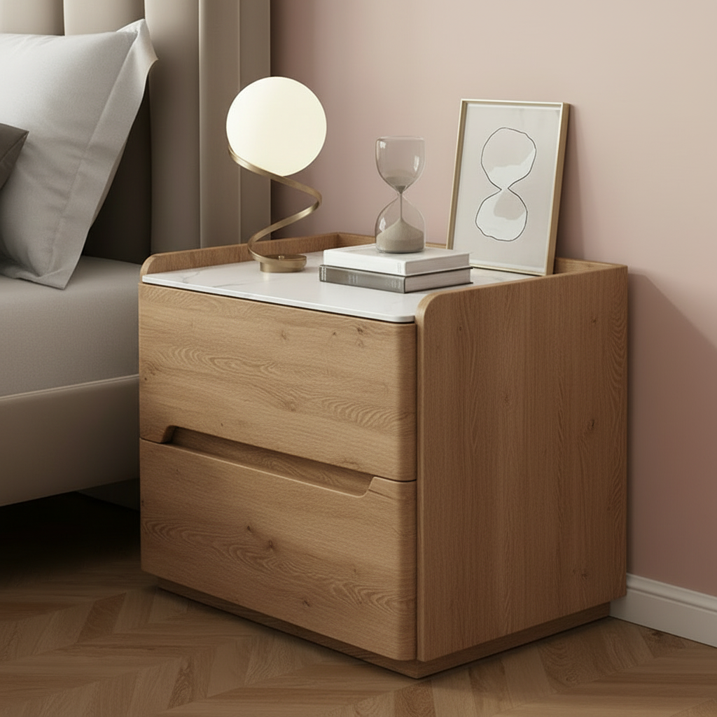 Elara Modern Matte Bedside Table with Two Drawers – Minimalist Nightstand