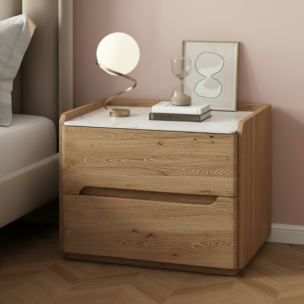 Elara Modern Matte Bedside Table with Two Drawers – Minimalist Nightstand