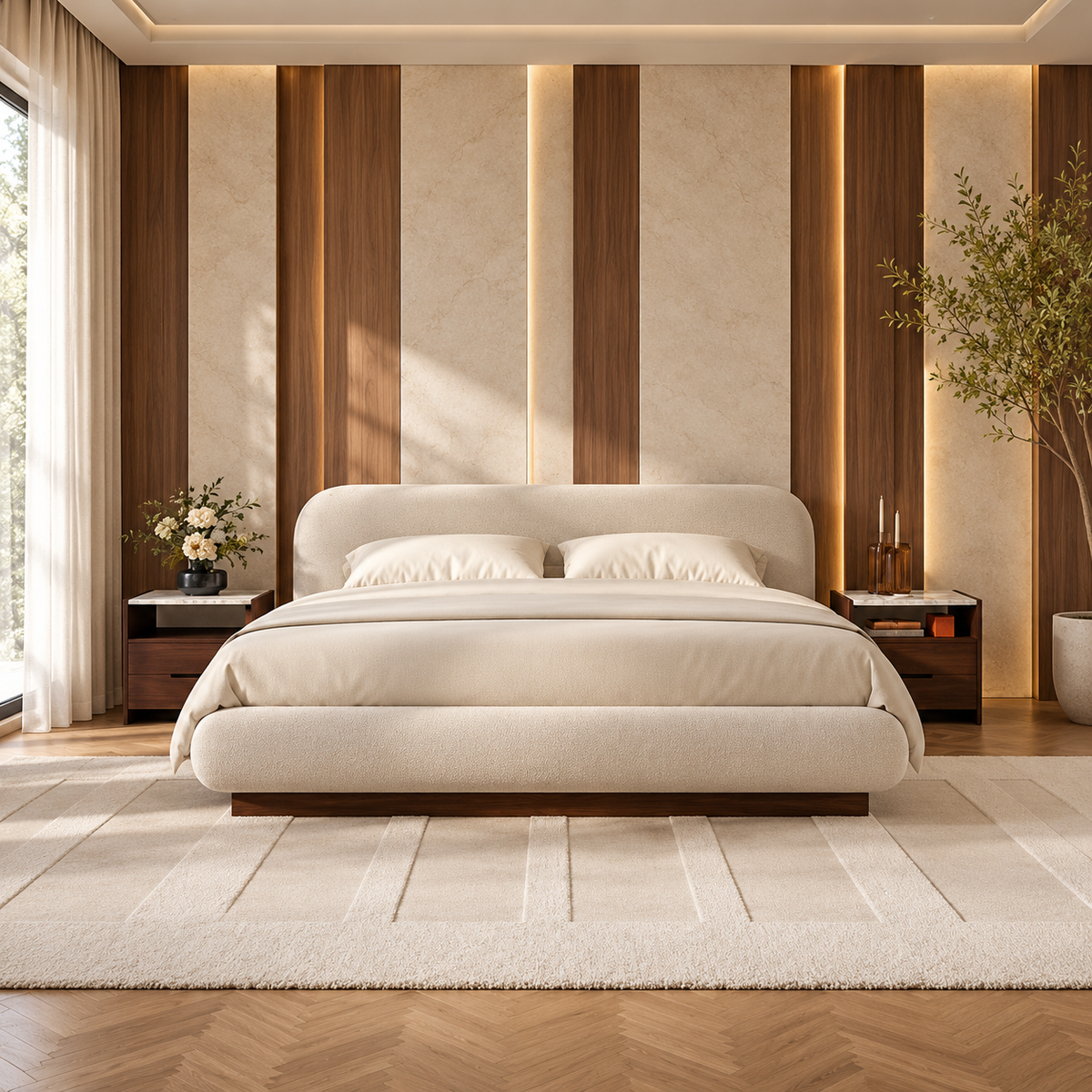 Vela Beige Upholstered Bed with Rounded Headboard – Ruby