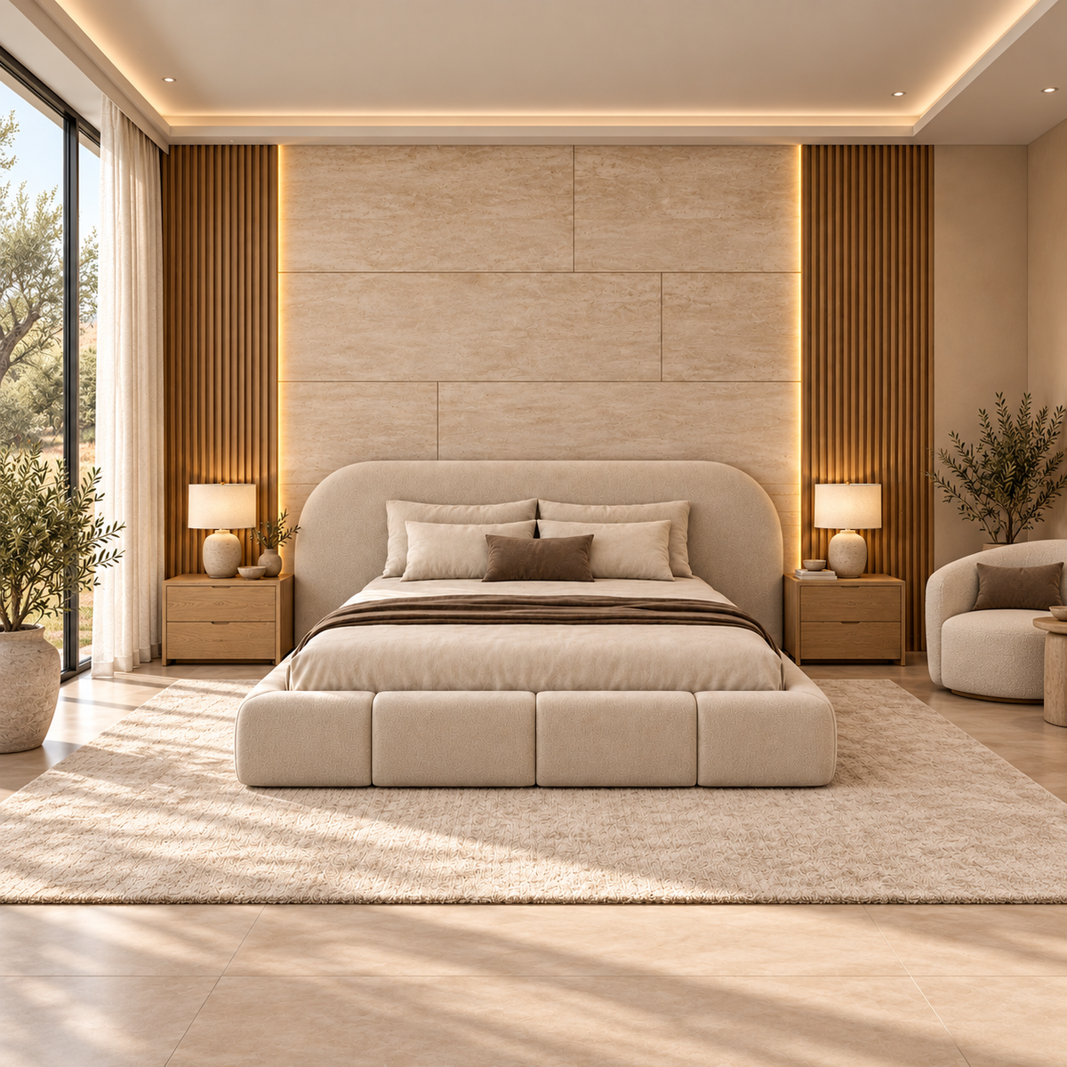 Serena Beige Upholstered Bed with Rounded Headboard – Ruby