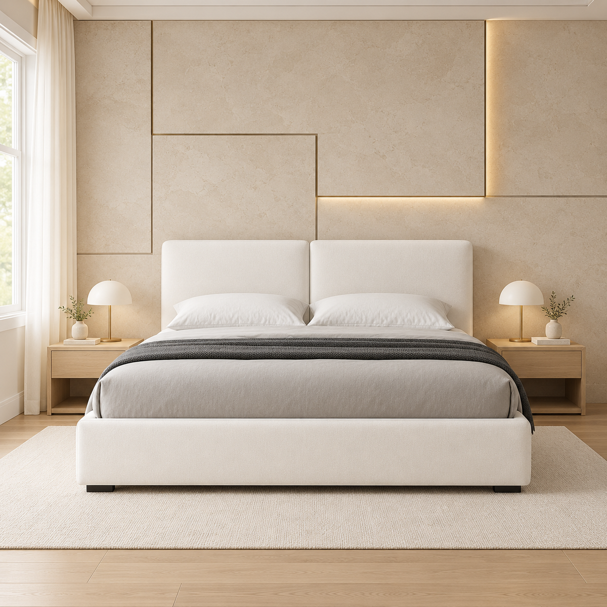 Nora Ivory Upholstered Bed with Two-Panel Headboard – Ruby