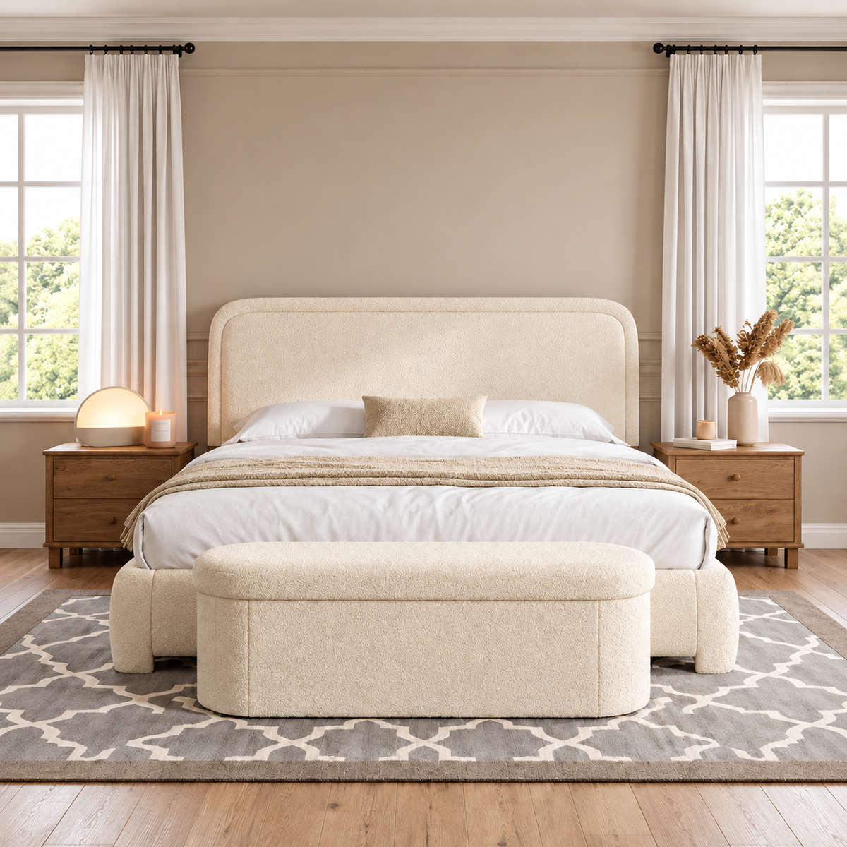 Elara Bouclé Bed – Modern Rounded Upholstered Bed