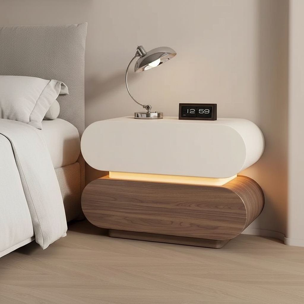 Lumora Modern Rounded Bedside Table with Ambient Light – Luxury Nightstand