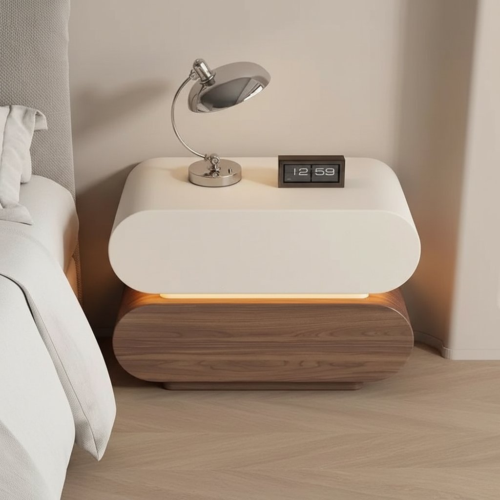 Lumora Modern Rounded Bedside Table with Ambient Light – Luxury Nightstand