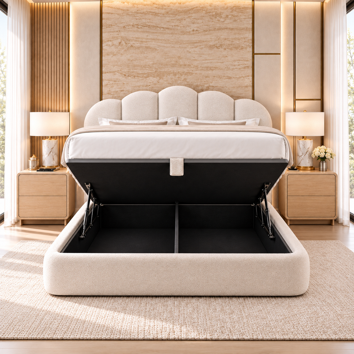 Celeste Ivory Upholstered Hydraulic Storage Bed – Ruby