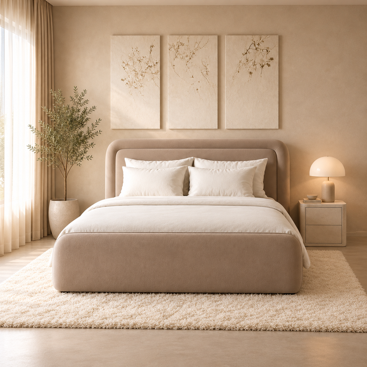 Sienna Taupe Upholstered Bed with Rounded Headboard – Ruby