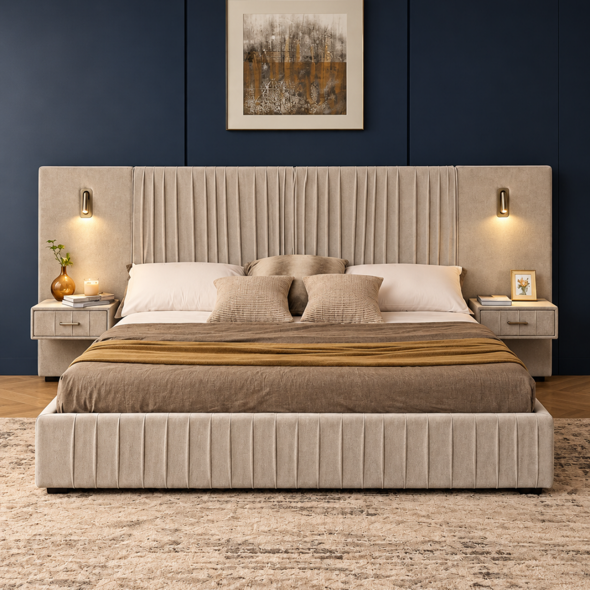 Elara Beige Upholstered Bed with Extended Pleated Headboard – Ruby