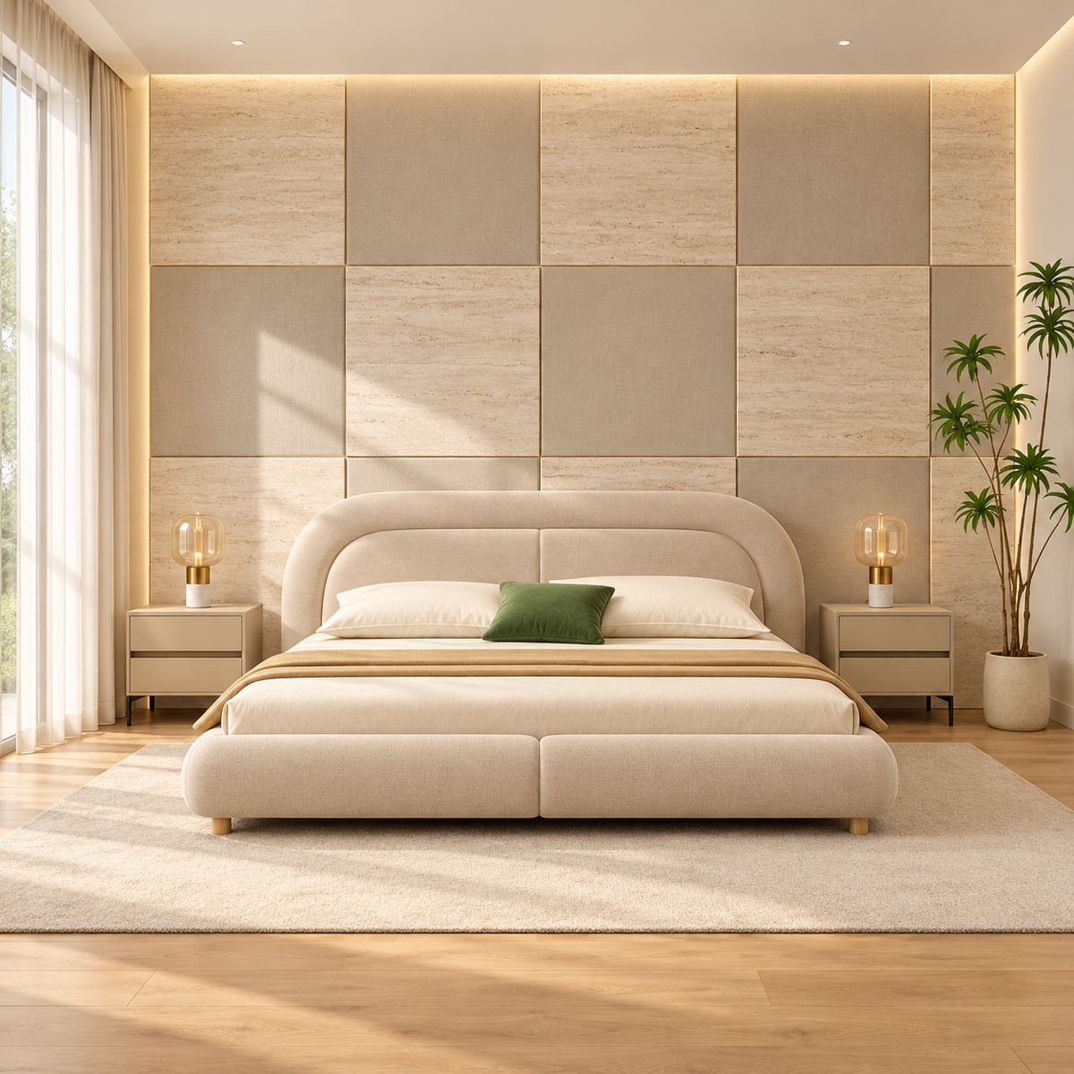 Amara Beige Upholstered Bed with Curved Headboard – Ruby