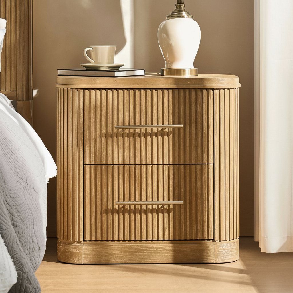Luma Fluted Wooden Bedside Table with Two Drawers – Modern Luxury Nightstand