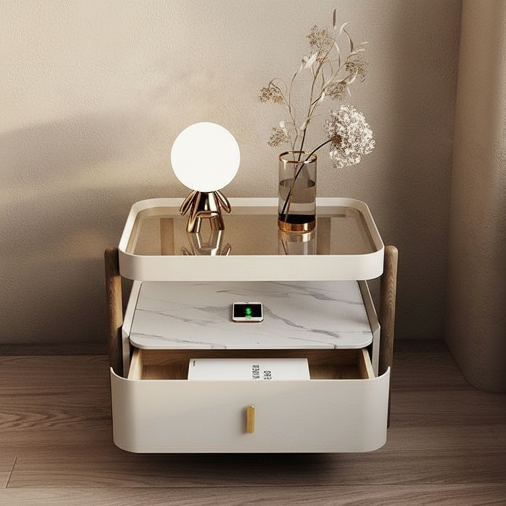 Regal Luxury Bedside Table with Marble Top & Drawer – Modern Nightstand