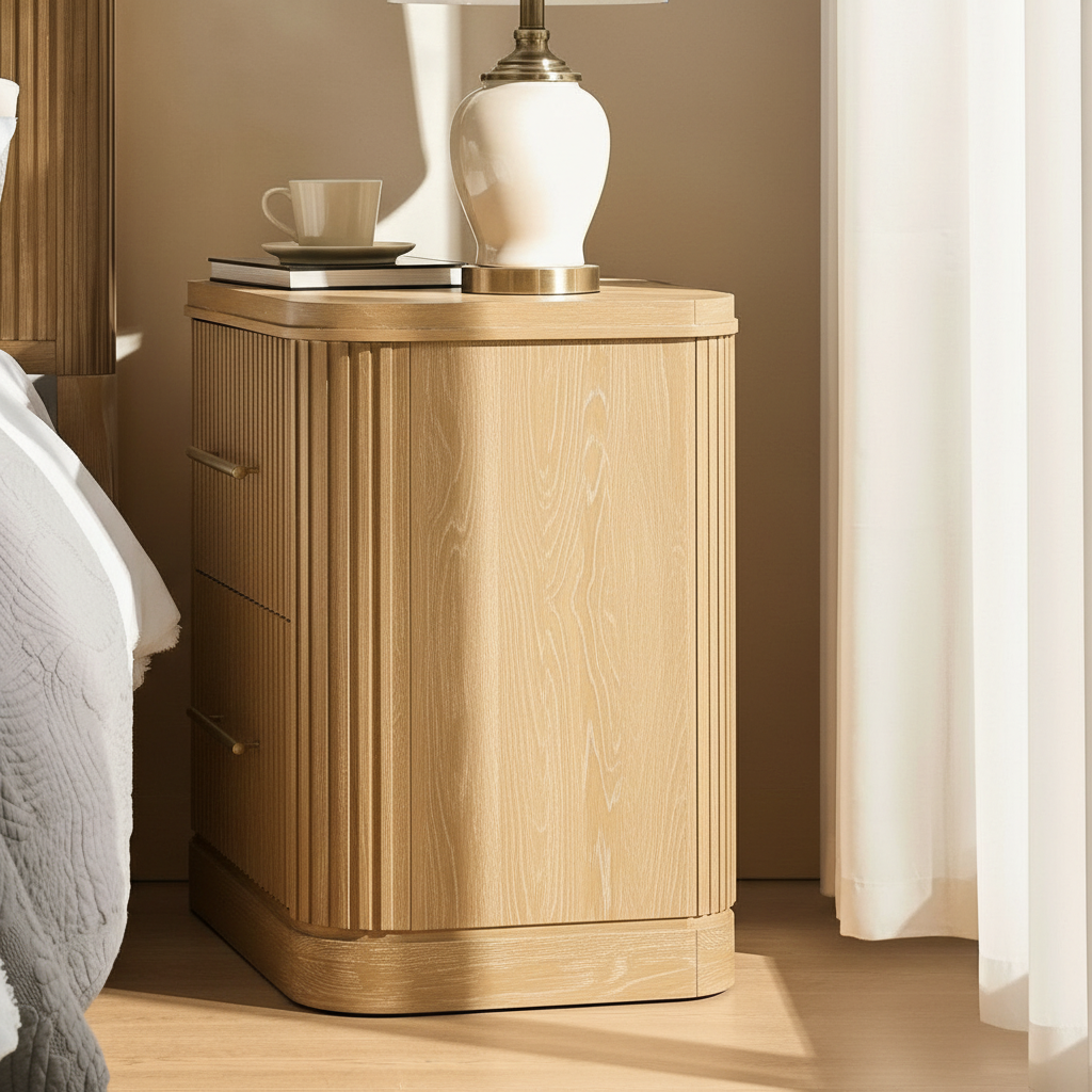 Luma Fluted Wooden Bedside Table with Two Drawers – Modern Luxury Nightstand