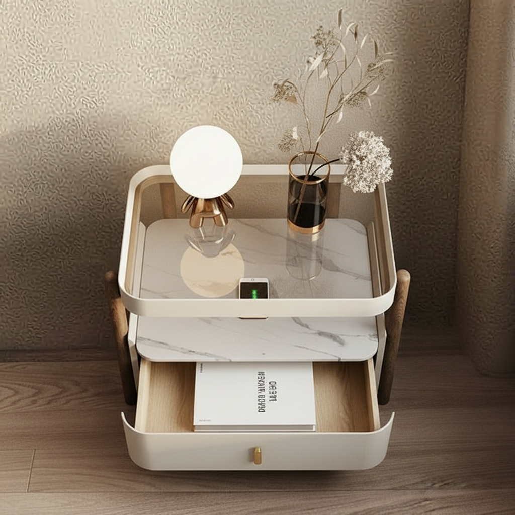 Regal Luxury Bedside Table with Marble Top & Drawer – Modern Nightstand